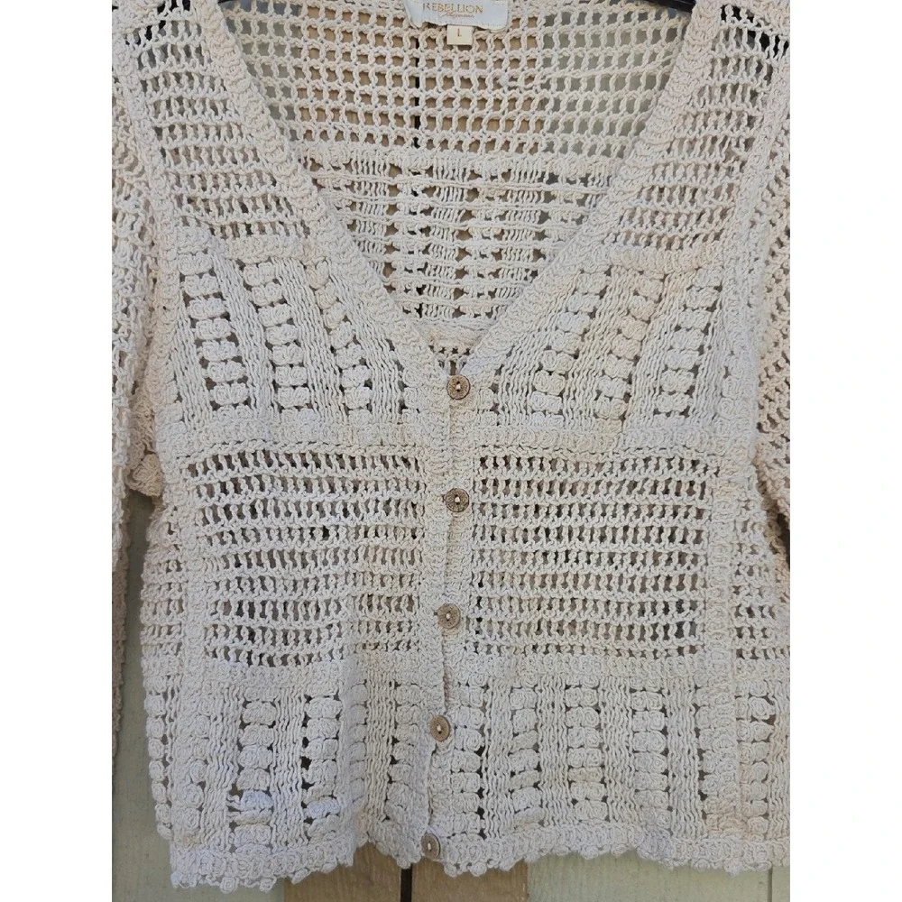Boho Crocheted Cotton Woodland Granny Cardigan Large Flare Forrest Fairy Neutral